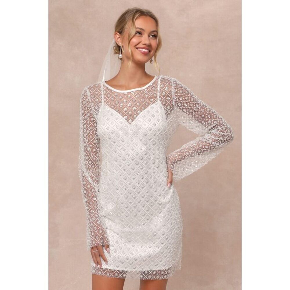 Lulus Glowing Charisma White Sequin Pearl Mesh Long Sleeve Mini Dress - Size S
